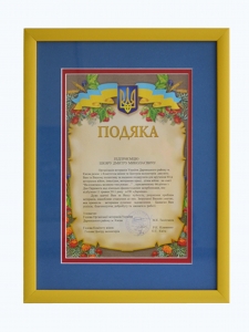 Оформление подяки с двойным паспарту. Рамка 30х40 желтая.